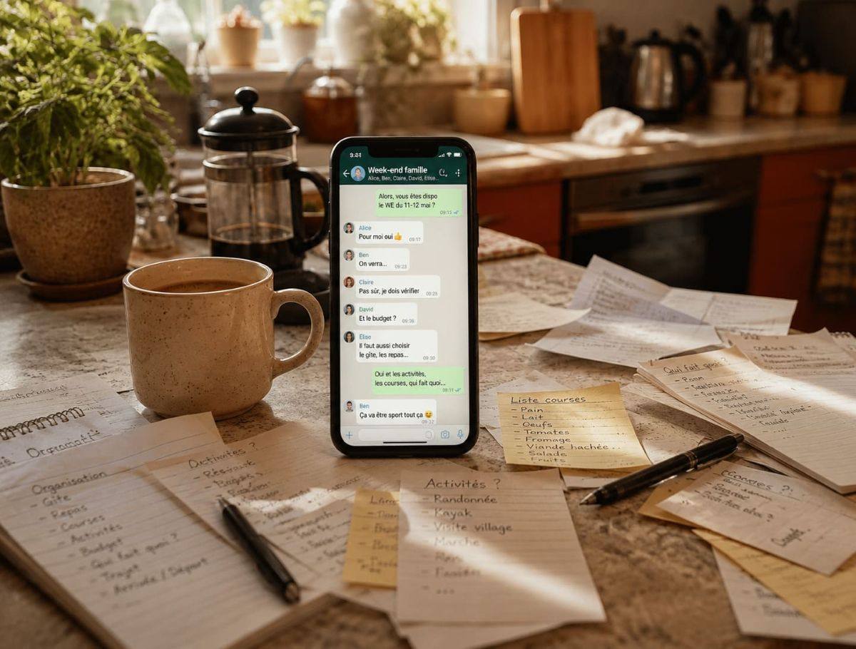 Plan de travail de cuisine encombré avant l'organisation d'un week-end à plusieurs
