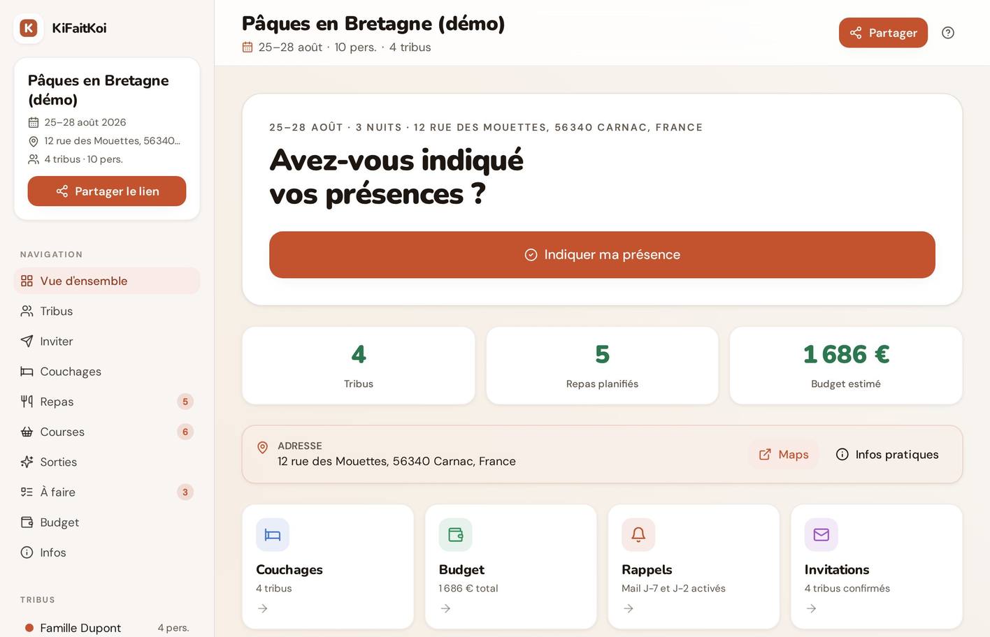 Vue d'ensemble d'un événement KiFaitKoi : tribus, présences, budget estimé